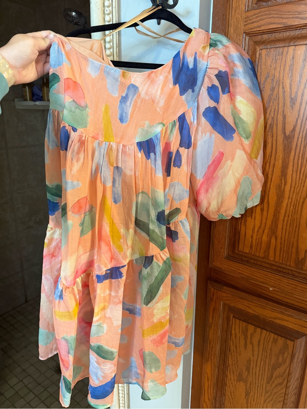 Petal + Pup Watercolor Puff Sleeve Mini Dress in Peach